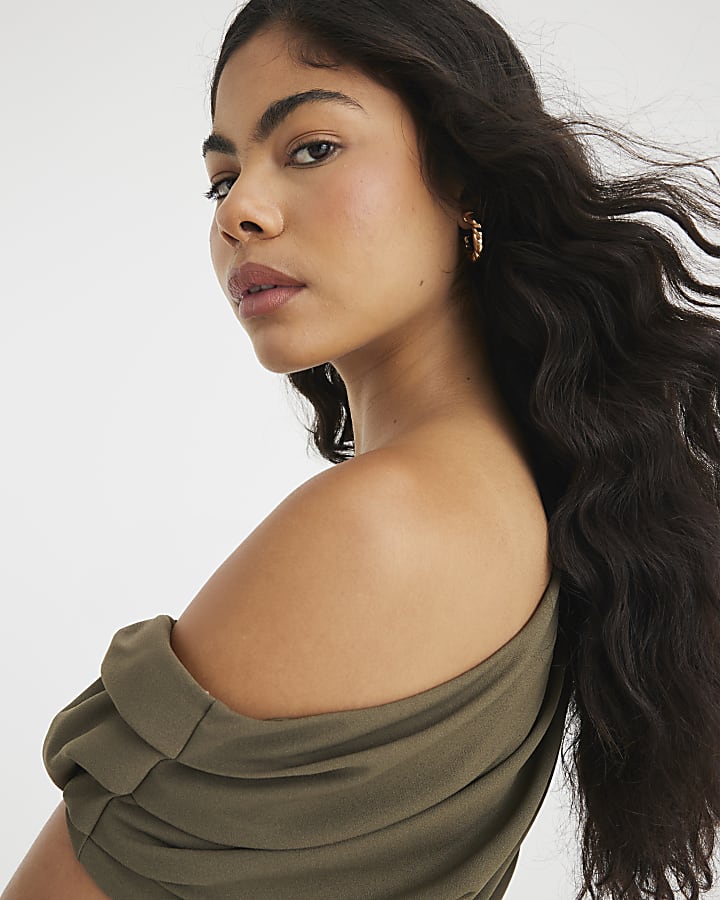 Khaki Scuba Short Sleeve Ruched Midi Dress