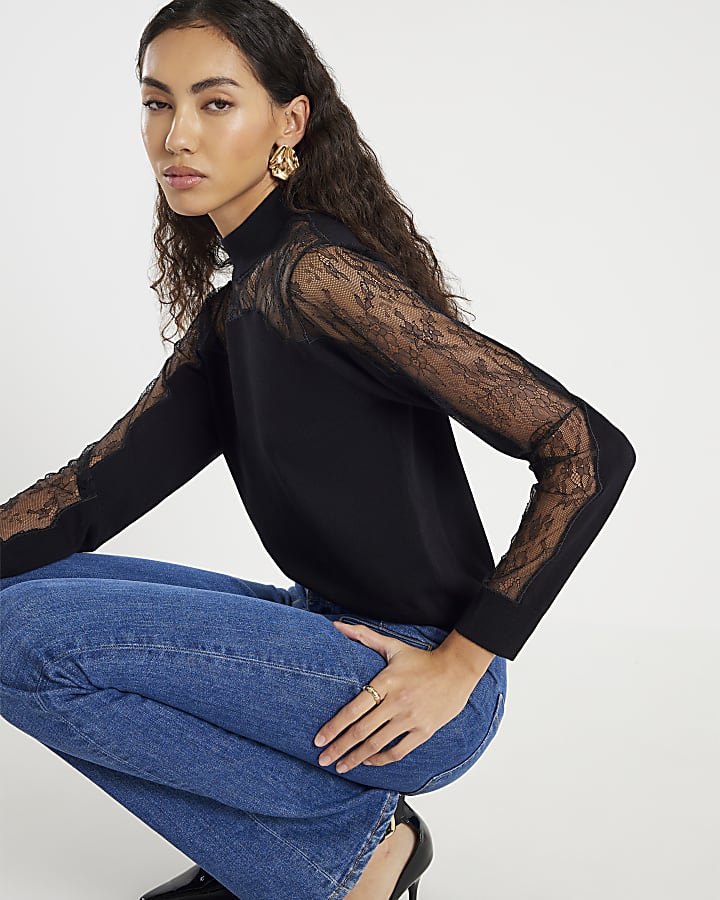 Black Lace Mix Hybrid Long Sleeve Top