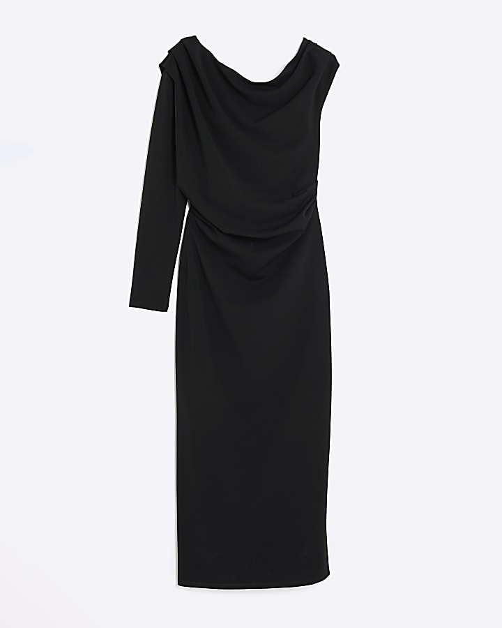 Black Asymmetrical Draped Midi Dress