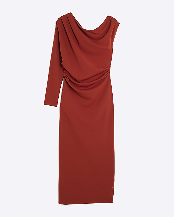 Orange Asymmetrical Draped Midi Dress