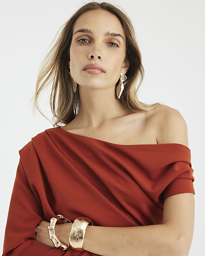Orange Asymmetrical Draped Midi Dress