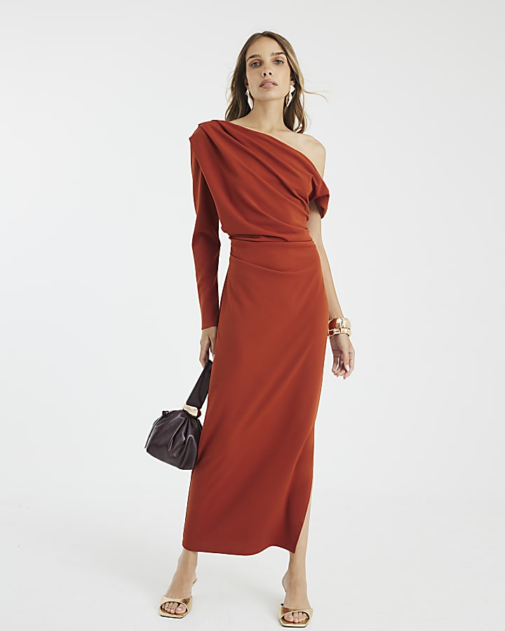 Orange Asymmetrical Draped Midi Dress
