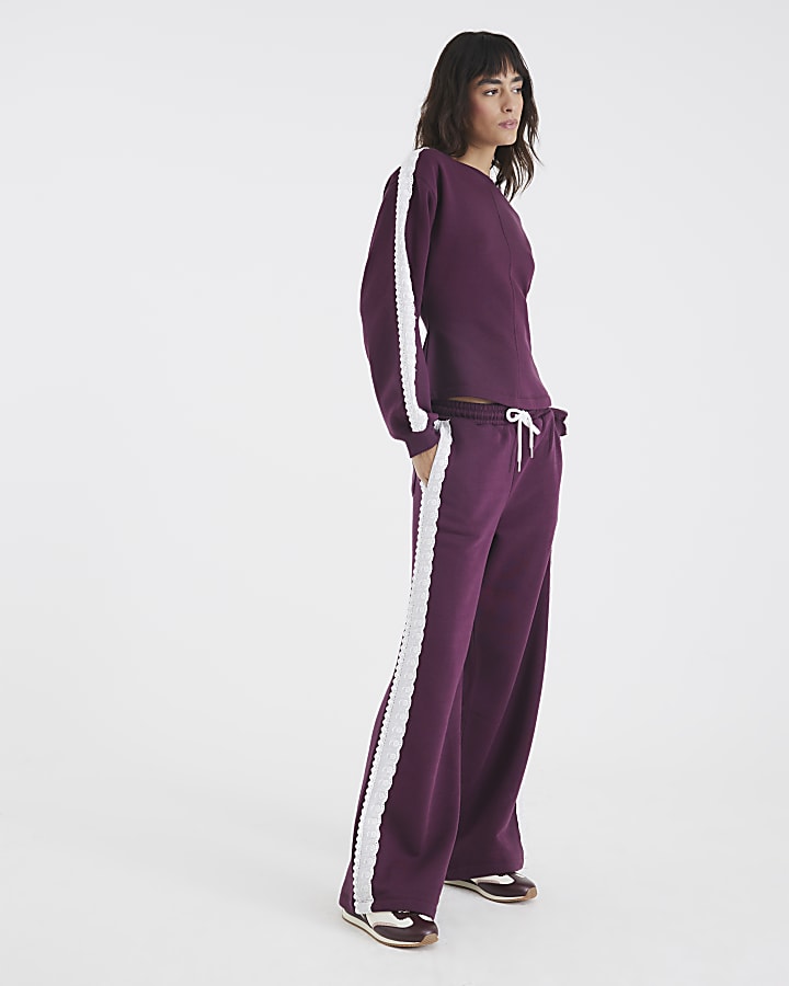 Red Lace Trim Wide Leg Joggers