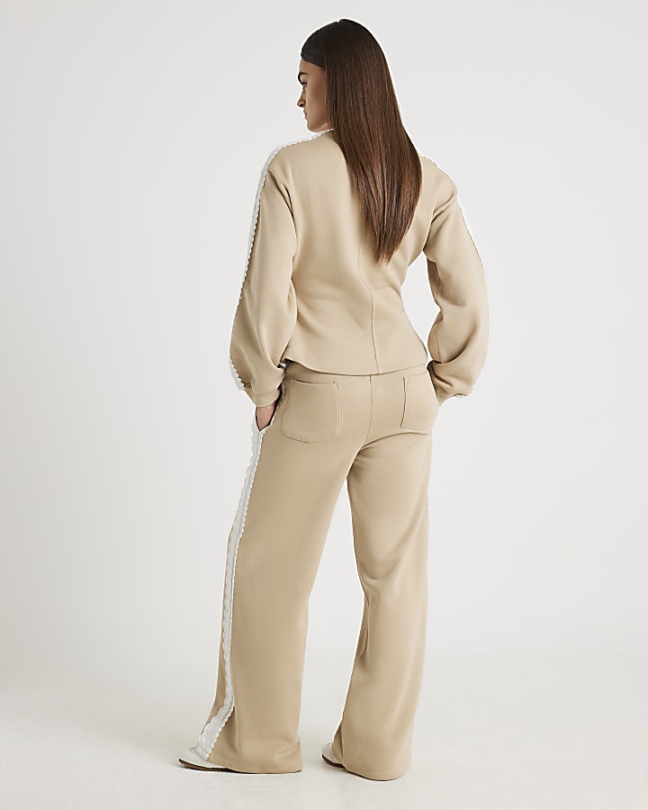 Beige Lace Trim Wide Leg Joggers
