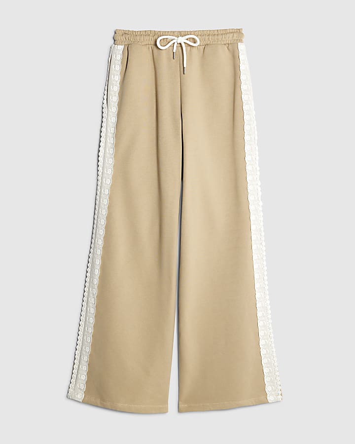Beige Lace Trim Wide Leg Joggers