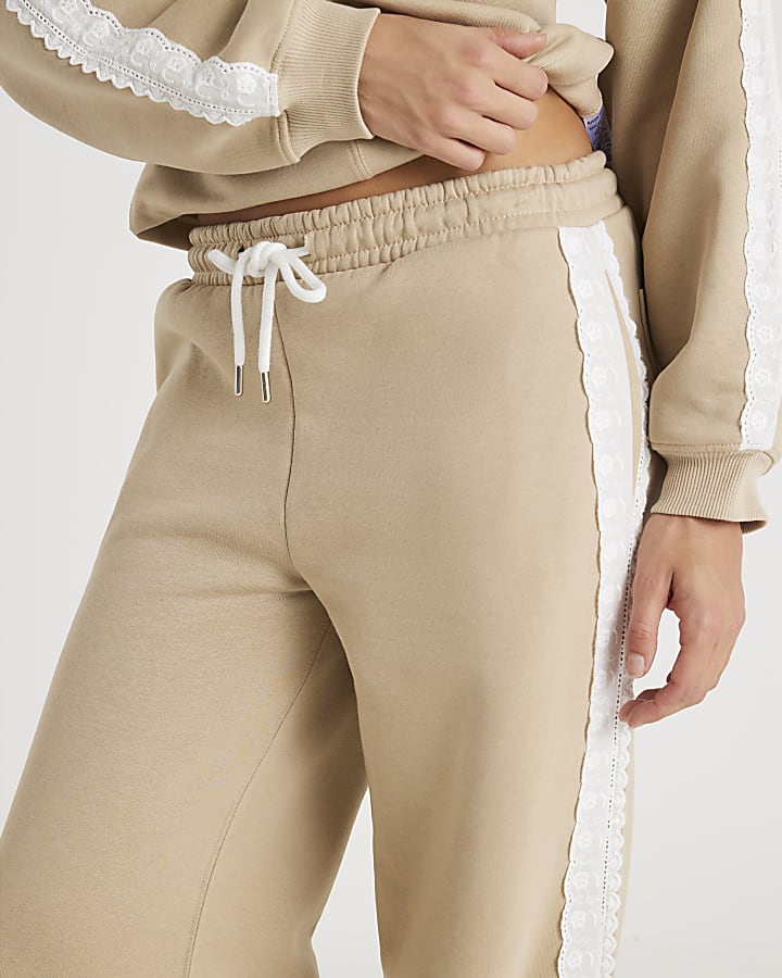 Beige Lace Trim Wide Leg Joggers