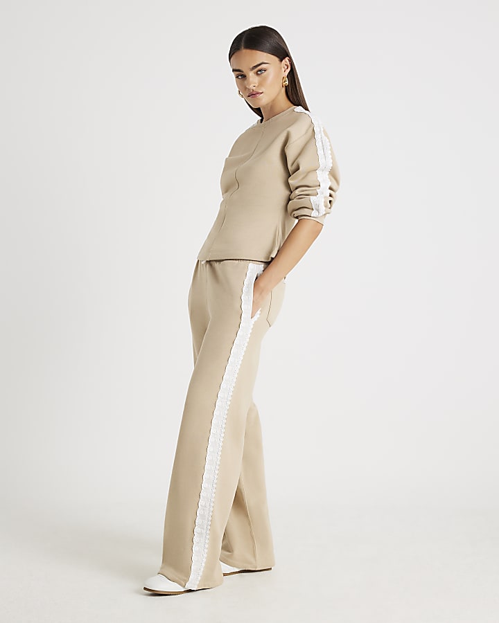 Beige Lace Trim Wide Leg Joggers