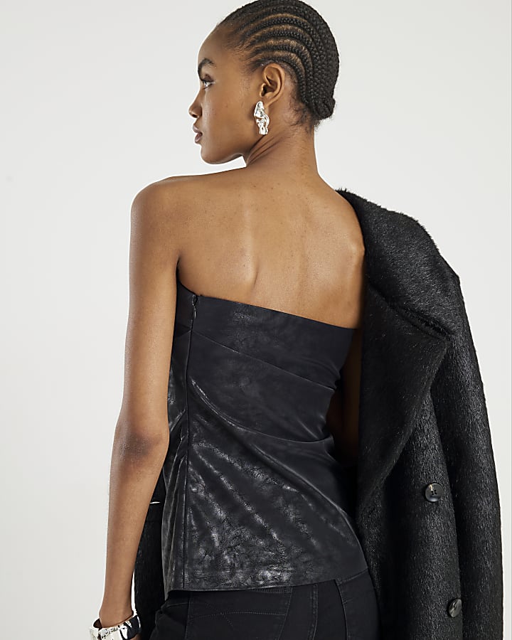 Black Faux leather Ruched Bandeau Top