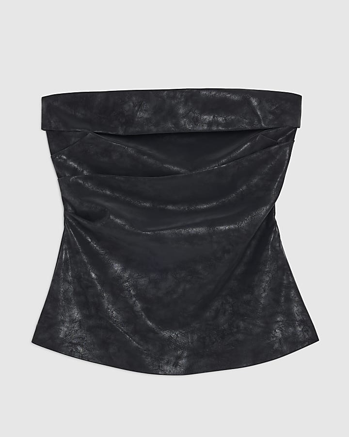 Black Faux leather Ruched Bandeau Top
