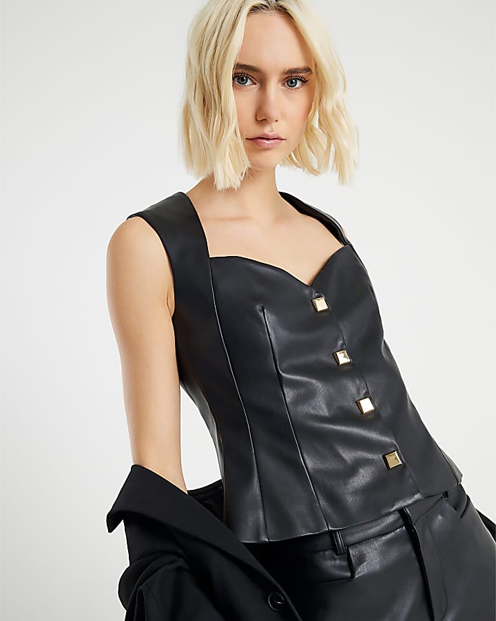 Black Faux Leather Sweetheart Neck Waistcoat