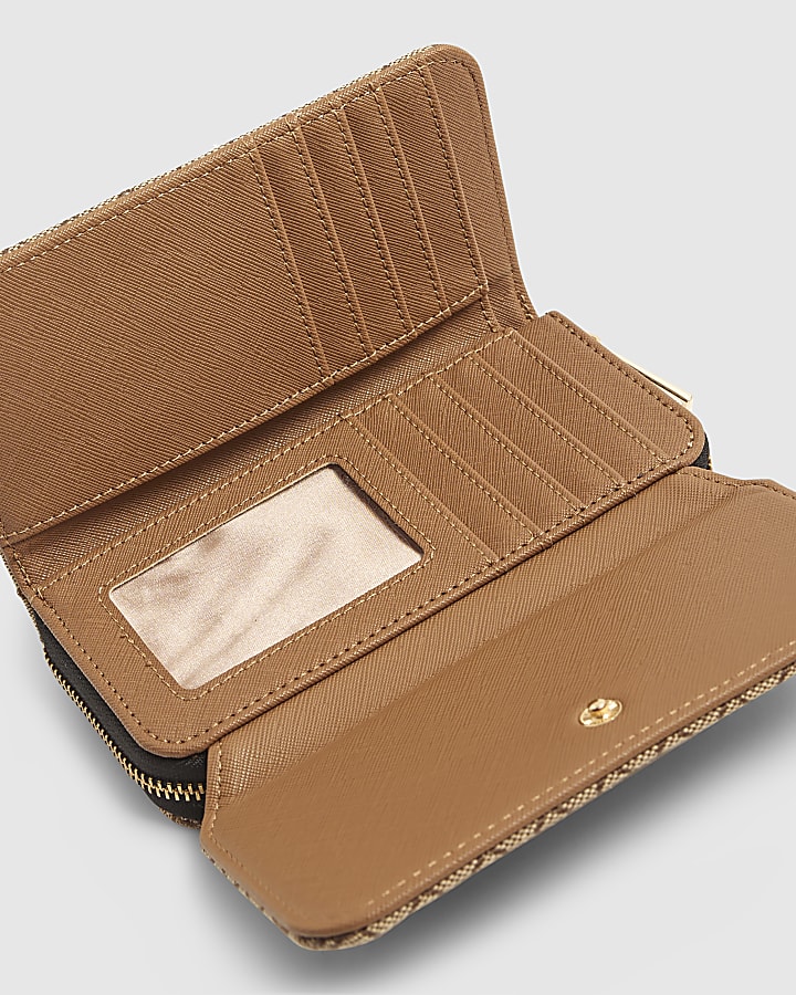 Brown Jacquard Monogram Diamante Flap Purse
