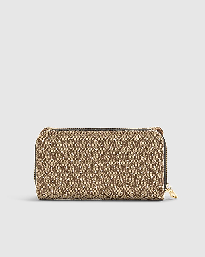 Brown Jacquard Monogram Diamante Flap Purse