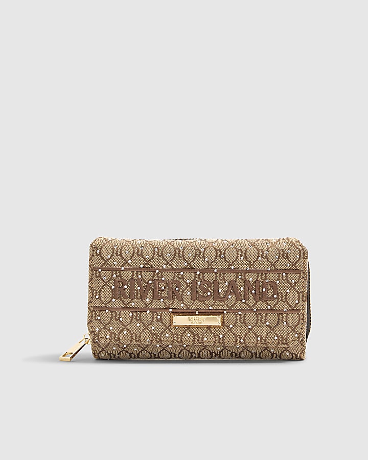 Brown Jacquard Monogram Diamante Flap Purse