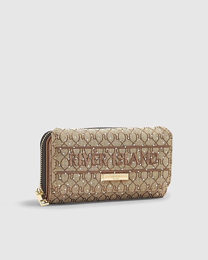 Brown Jacquard Monogram Diamante Flap Purse