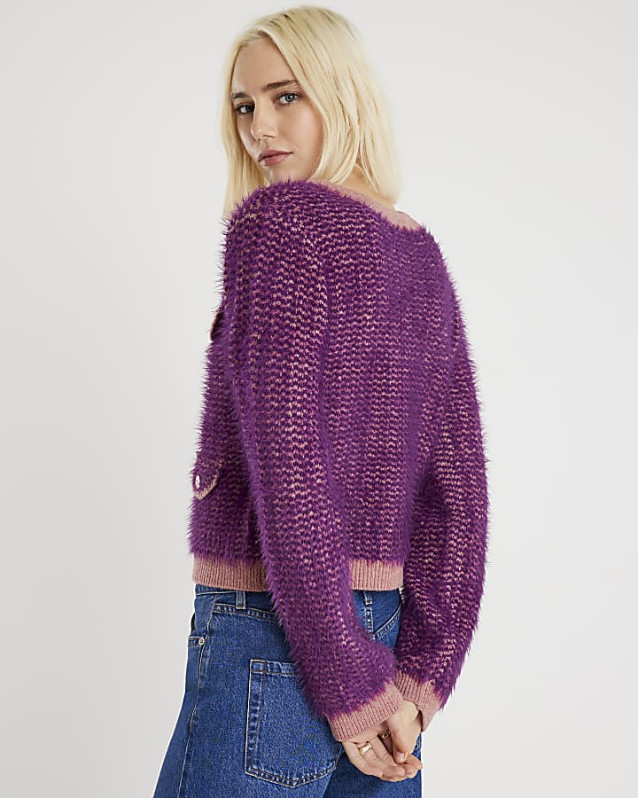 Purple Boucle Knitted Cardigan