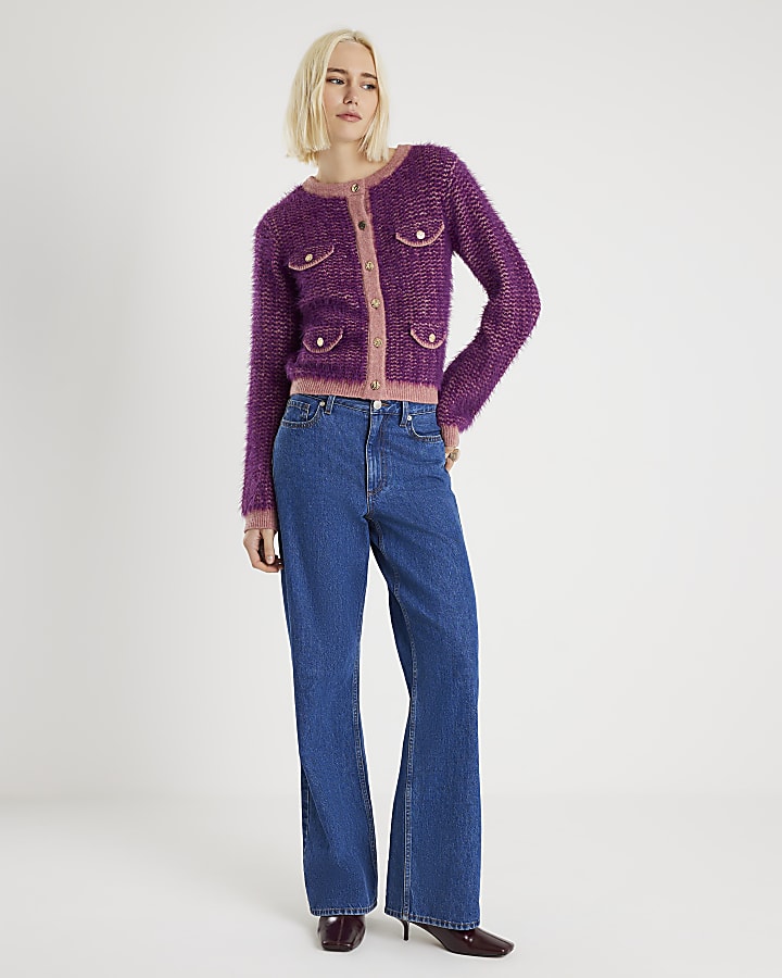 Purple Boucle Knitted Cardigan