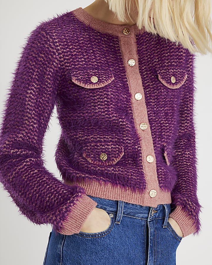 Purple Boucle Knitted Cardigan