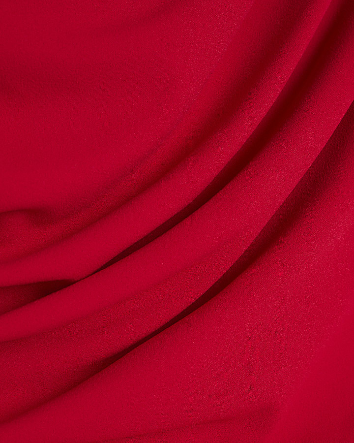 Red Scuba Short Sleeve Ruched Midi Dress