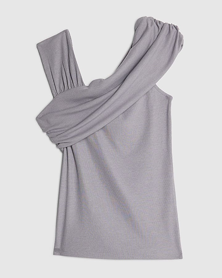 Grey Sleeveless Asymmetric Drape Top