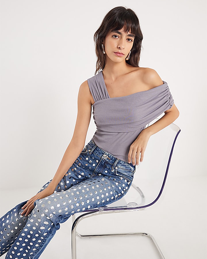 Grey Sleeveless Asymmetric Drape Top