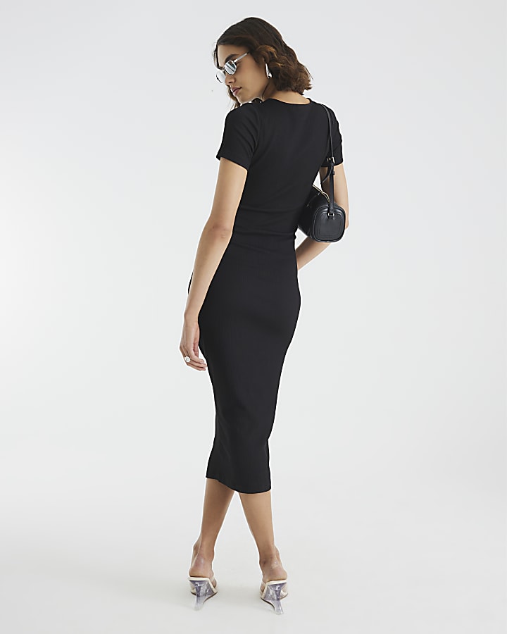 Black Textured Drape Midi Dress