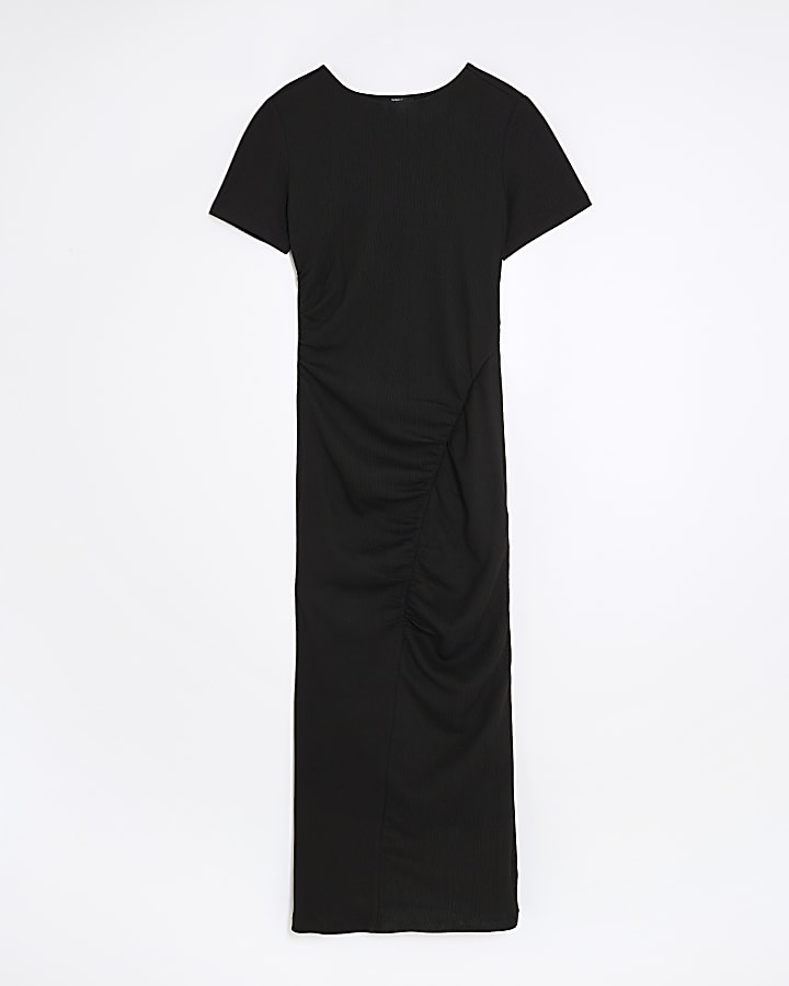 Black Textured Drape Midi Dress