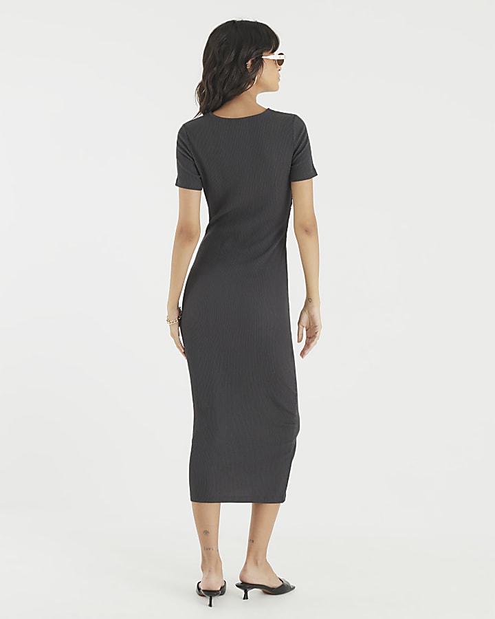 Grey Textured Drape Midi Dress