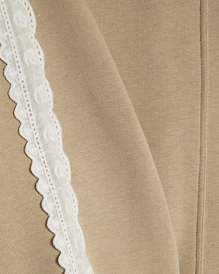 Beige Long Sleeve Lace Trim Sweatshirt