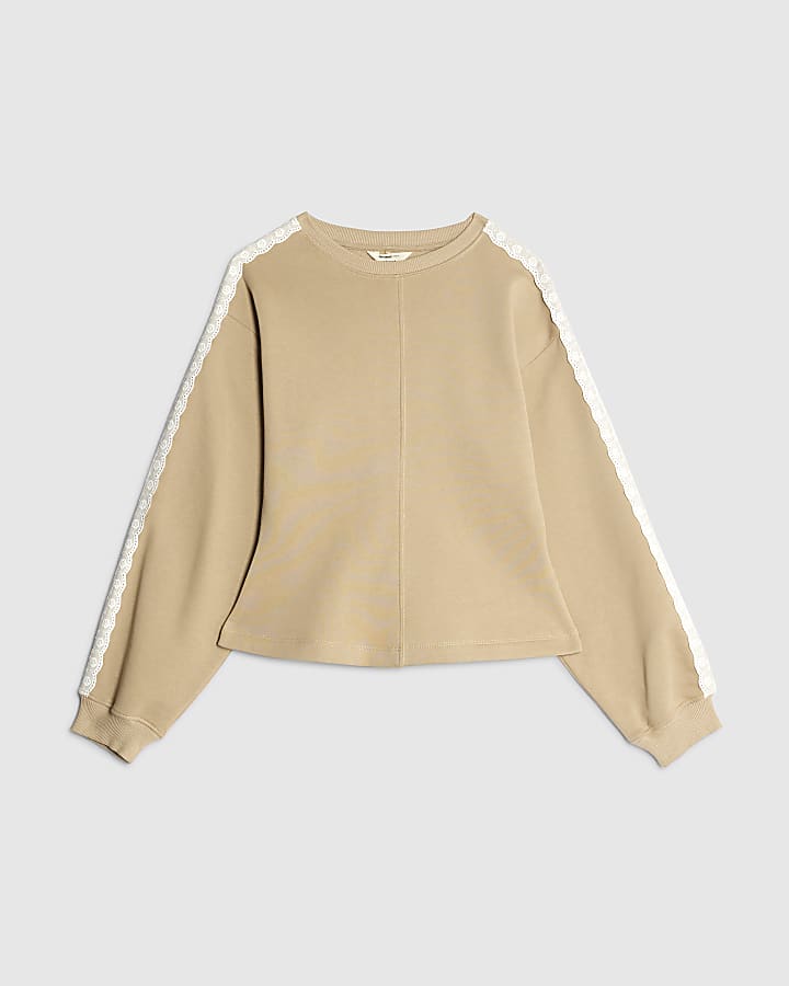 Beige Long Sleeve Lace Trim Sweatshirt
