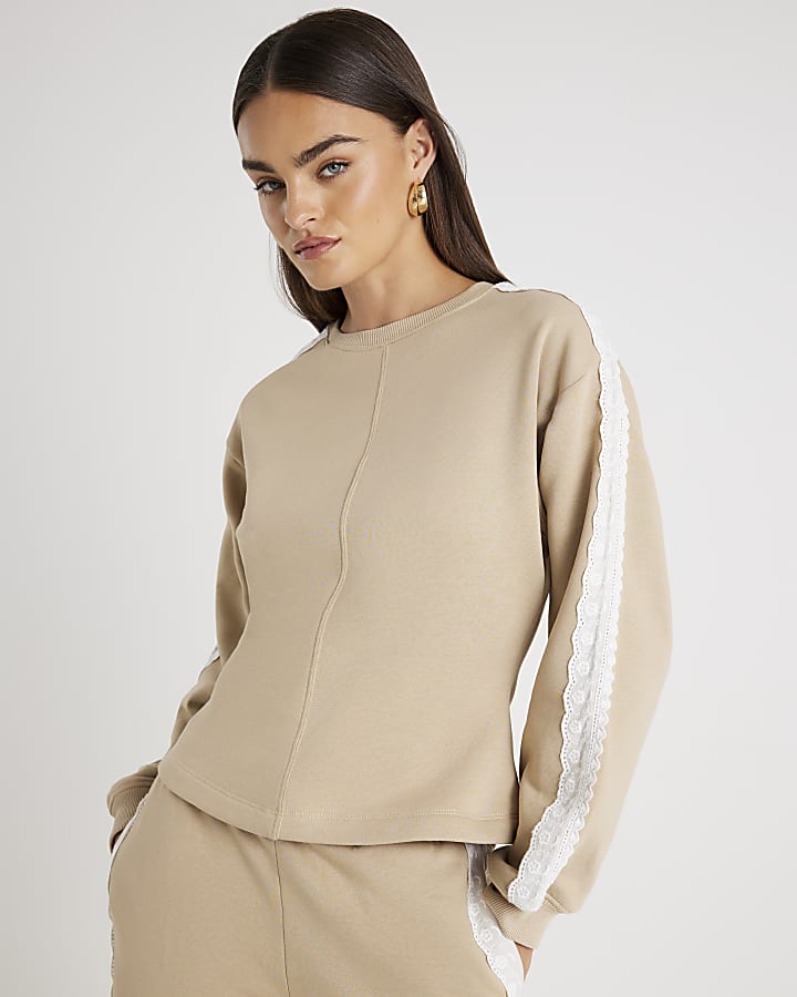 Beige Long Sleeve Lace Trim Sweatshirt