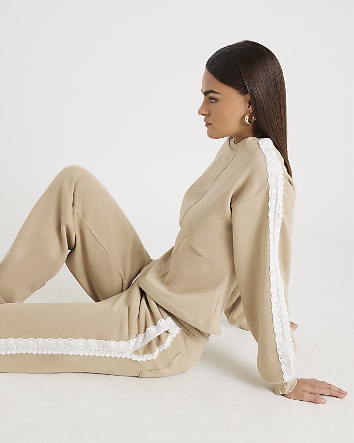 Beige Long Sleeve Lace Trim Sweatshirt