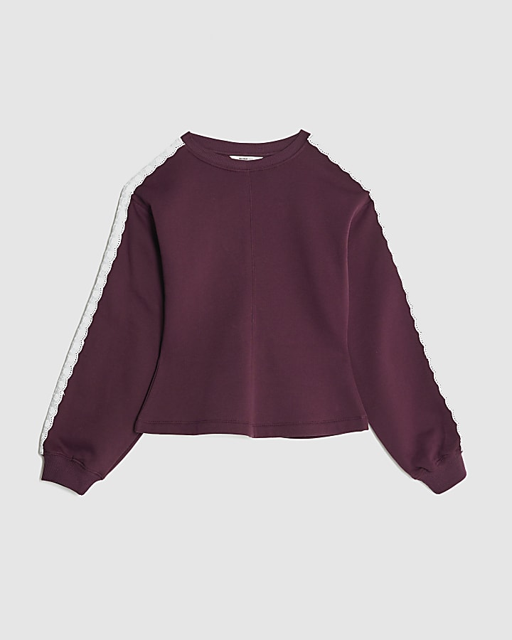 Red Long Sleeve Lace Trim Cinched Sweatshirt