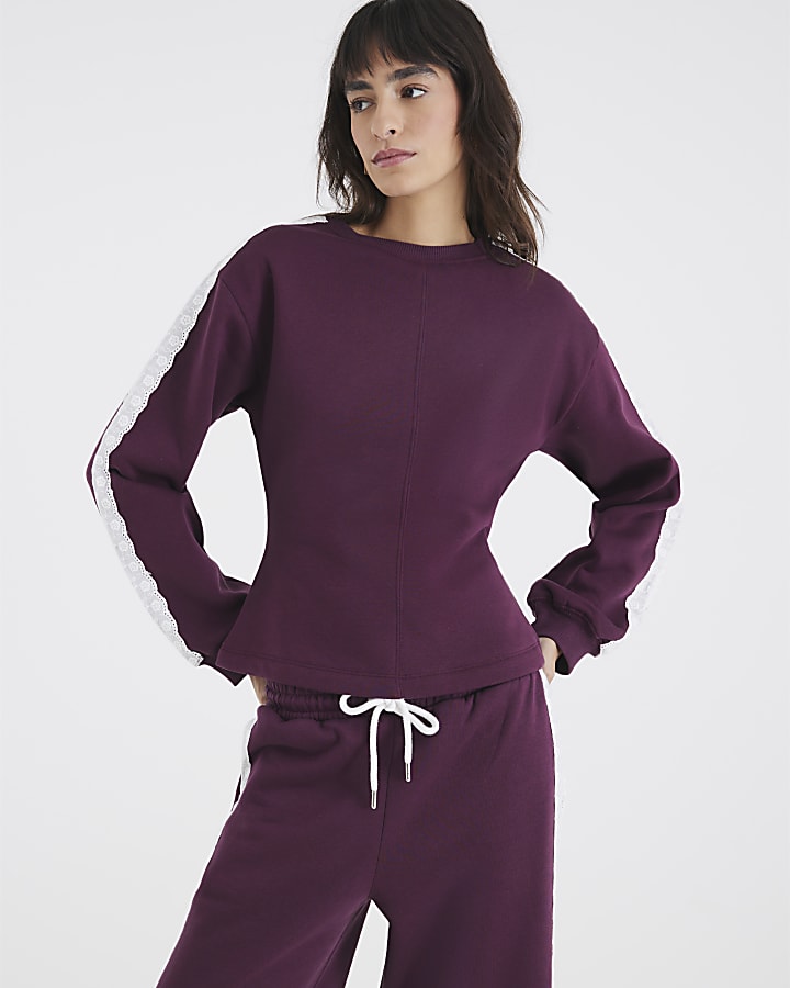 Red Long Sleeve Lace Trim Cinched Sweatshirt