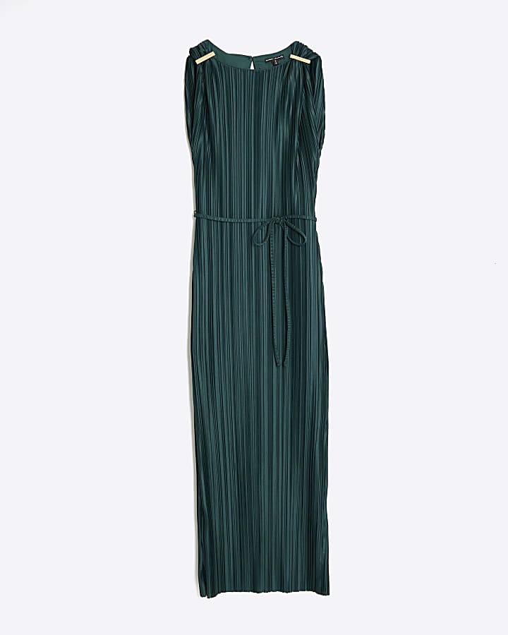 Green Plisse Sleeveless Belted Midi Dress