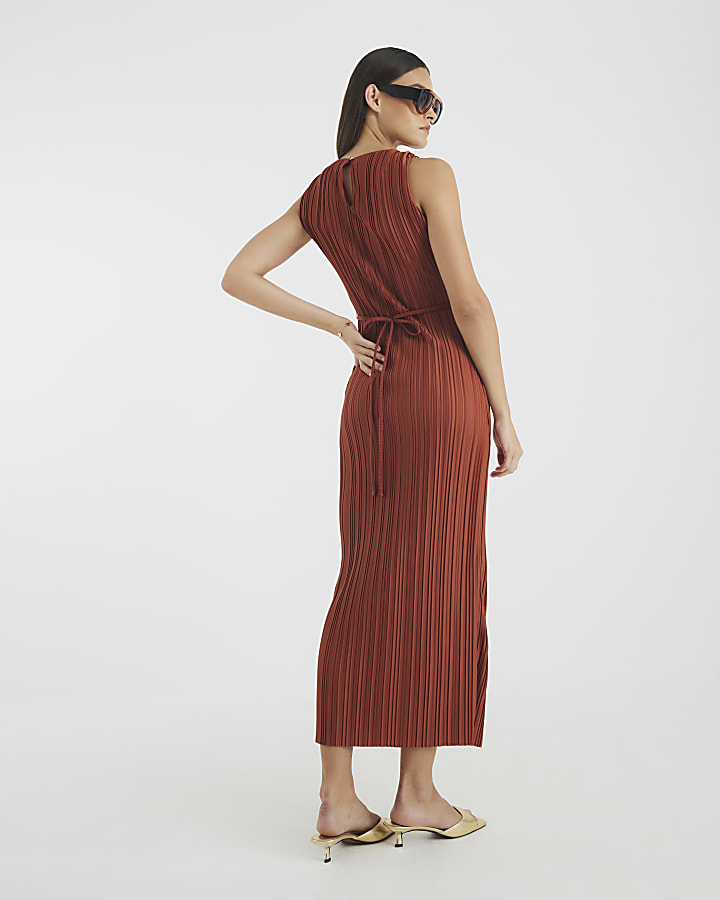 Orange Sleeveless Plisse Belted Midi Dress