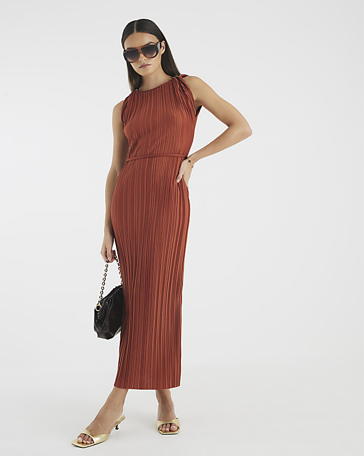 Orange Sleeveless Plisse Belted Midi Dress