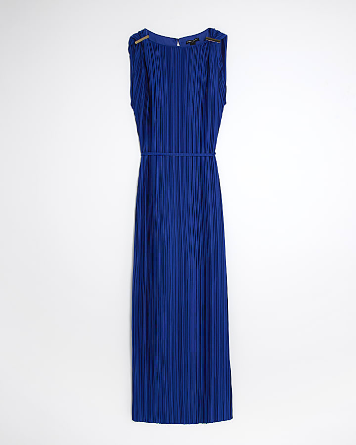 Blue Sleeveless Plisse Belted Midi Dress