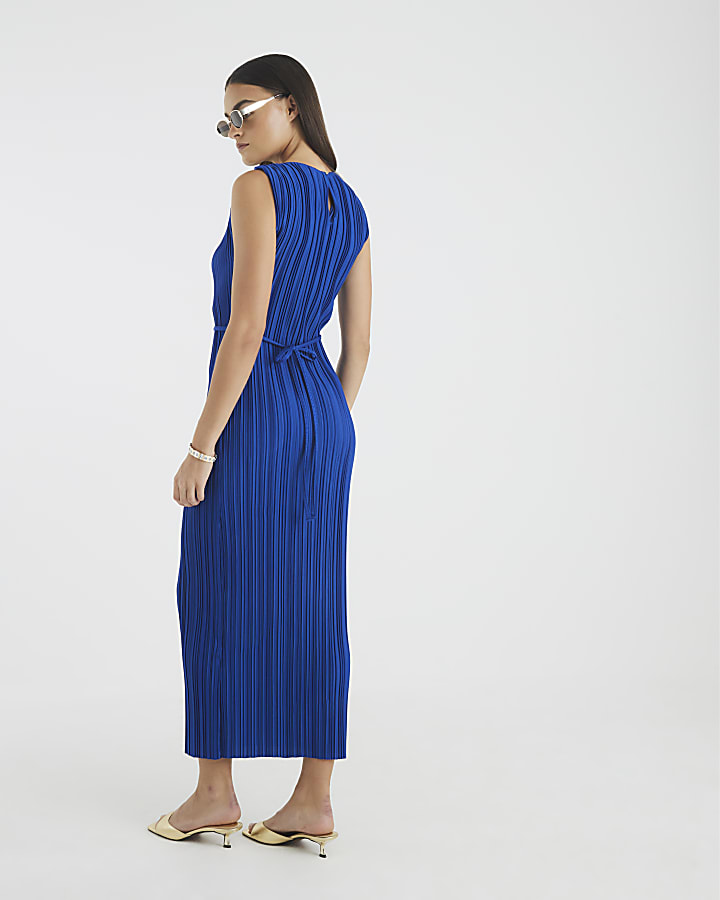Blue Sleeveless Plisse Belted Midi Dress