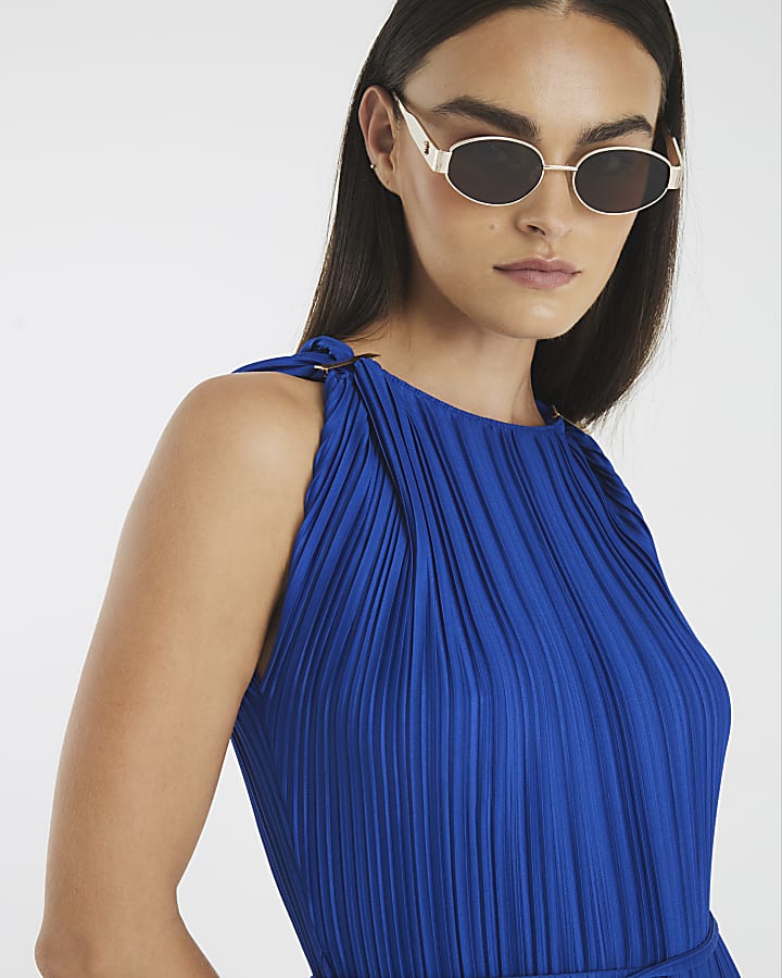 Blue Sleeveless Plisse Belted Midi Dress