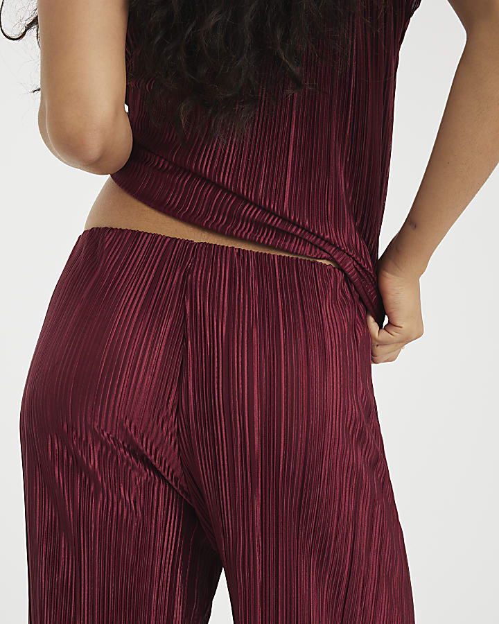 Red Plisse Wide Leg Trousers