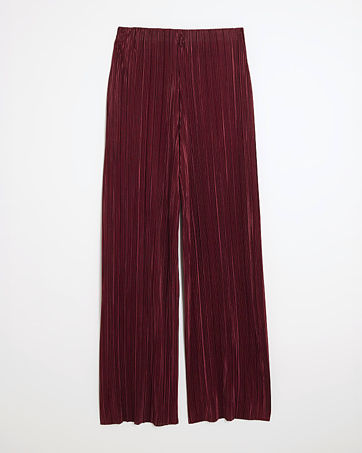 Red Plisse Wide Leg Trousers
