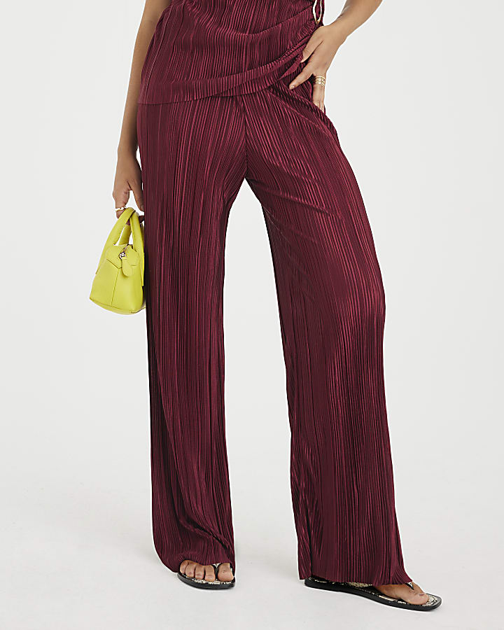Red Plisse Wide Leg Trousers