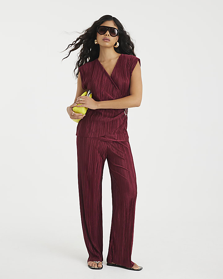 Red Plisse Wide Leg Trousers