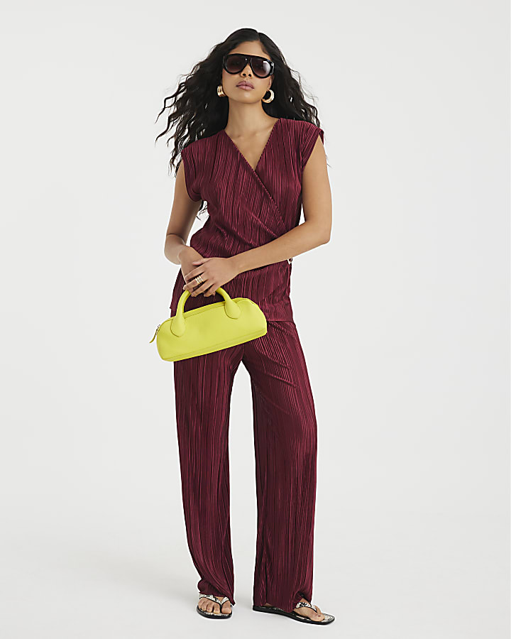 Red Plisse Sleeveless Gold Trim Top
