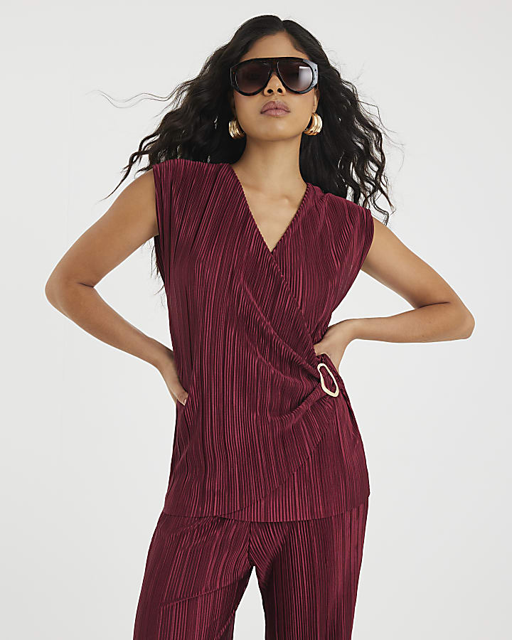 Red Plisse Sleeveless Gold Trim Top