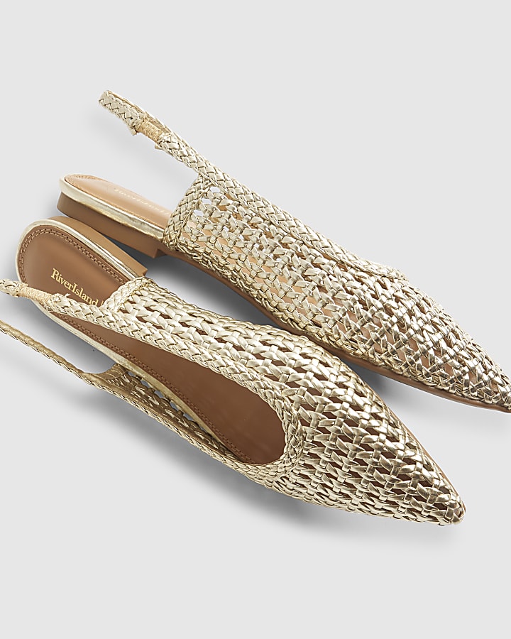 Gold Woven Pointed Slingback Shoes