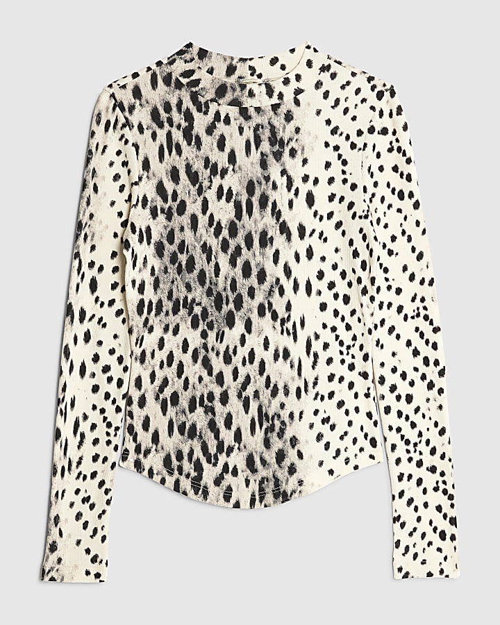 Cream leopard Print Long Sleeve Ribbed Top