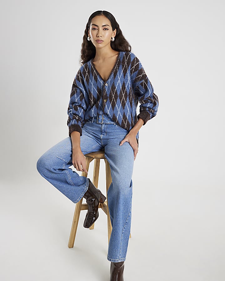 Blue Mid Rise Belted Tapered Jeans