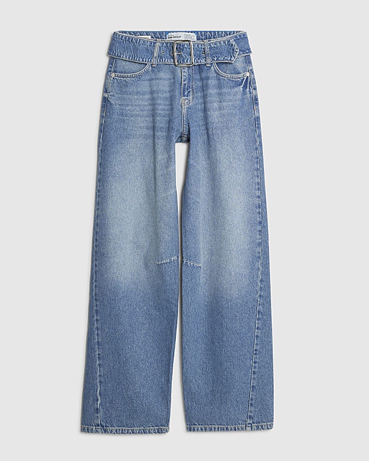 Blue Mid Rise Belted Tapered Jeans