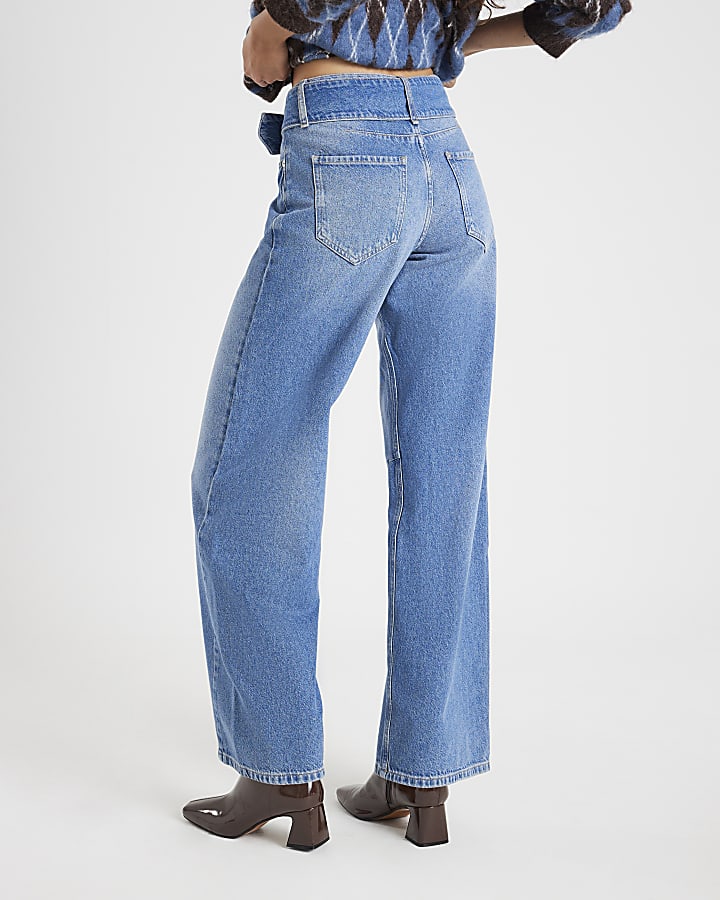 Blue Mid Rise Belted Tapered Jeans